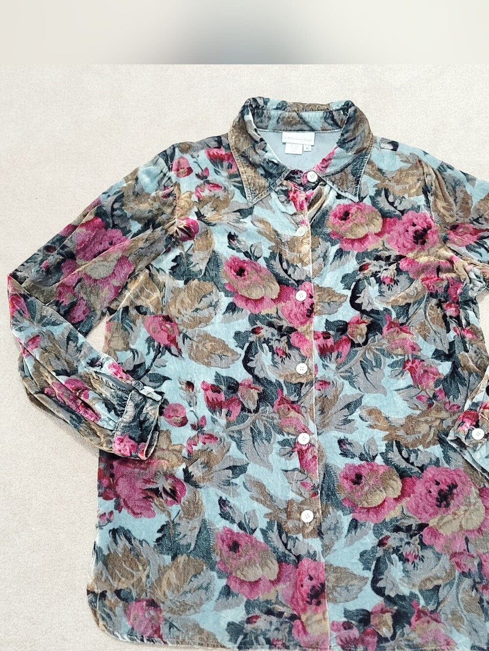 Soft Surroundings Floral Tunic Top Medium Silk Blend Button Front Boho Velvety - Picture 12 of 12